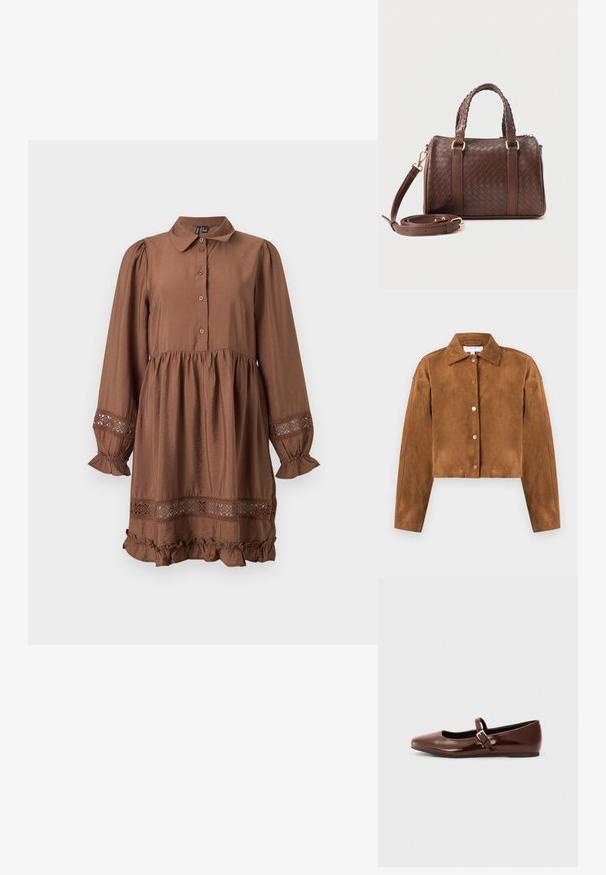Brun ruskinds cropped jakke med krave, lange ærmer og fem runde trykknapper foran. Glat tekstur, minimalistisk design.; Brun langærmet kjole med knappelukning foran, indsnøring i taljen, blonde detaljer på manchetter og kant samt flæsedetalje i bunden.; Brun patentlæder balletflade med firkantet tå og strop med en lille guldbuckle. Glat tekstur, lav hæl og minimalistisk design.; Mørkebrun flettet læderhåndtaske med to fletninger som håndtag, gyldent metalbeslag og aftagelig skulderrem, der er snoet foran.