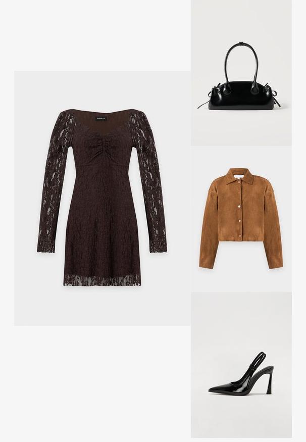 Brun ruskinds cropped jakke med krave, lange ærmer og fem runde trykknapper foran. Glat tekstur, minimalistisk design.; Langærmet mørkebrun blondekjole med rynket brystdetalje og semitransparente blondeærmer og kant mod en hvid baggrund.; Sorte patenterede lædersædler med spidse tæer, slank høj hæl og dobbelt elastisk rem for sikker pasform. Glat, skinnende overflade.; Lille sort blank håndtaske med to lange håndtag og snøre-detaljer i siden på en ensfarvet lys baggrund.