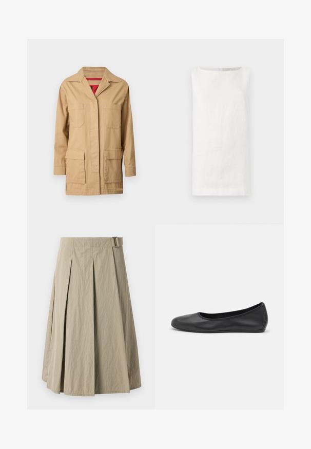 Veste en toile beige avec un col à revers, deux poches sur la poitrine et deux poches latérales inférieures. L'intérieur présente une doublure à motif rouge.; Haut en lin blanc sans manches, à coupe droite, décolleté bateau et sans fermetures visibles. Il présente un tissu doux et texturé.; Jupe plissée beige avec une texture lisse, dotée de passants de ceinture et d'une coupe en forme de A, conçue avec une longueur jusqu'au genou.; Ballerines en cuir noir avec un bout rond, texture lisse, détails de couture minimalistes et design de semelle flexible.