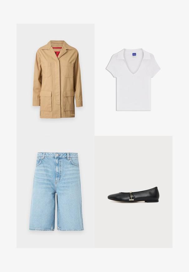 Veste en toile beige avec un col à revers, deux poches sur la poitrine et deux poches latérales inférieures. L'intérieur présente une doublure à motif rouge.; Chemise blanche à manches courtes avec col en V et large col, en tissu texturé, avec une étiquette bleue « HUGO » à l'intérieur de l'encolure.; Shorts en denim bleu clair longueur genou avec bouton à l'avant, fermeture éclair, passants pour ceinture et poches latérales sur fond blanc.; Chaussure plate en cuir noir avec bout arrondi et petit détail de boucle dorée sur le côté, présentée sur un fond clair uni.