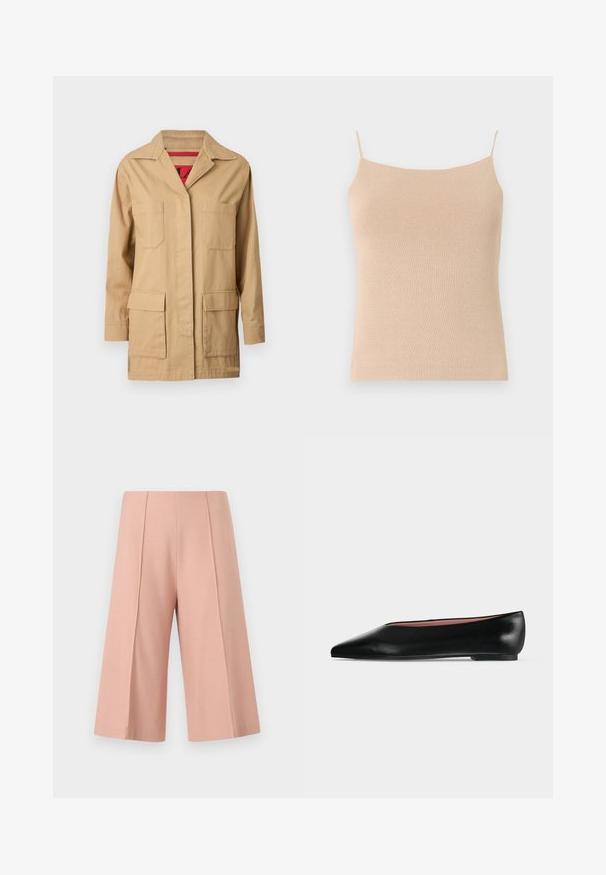 Veste en toile beige avec un col à revers, deux poches sur la poitrine et deux poches latérales inférieures. L'intérieur présente une doublure à motif rouge.; Camisole en tricot beige avec des bretelles fines, présentant une coupe ajustée et un tissu texturé, idéale pour le superposition ou un usage décontracté.; AERON PEN - Short - mottled pink; Chaussure plate en cuir noir pour femme, avec bout pointu et petit talon, vue de côté sur un fond gris clair uni.