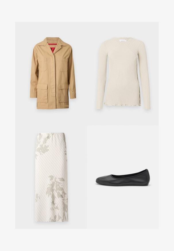 Veste en toile beige avec un col à revers, deux poches sur la poitrine et deux poches latérales inférieures. L'intérieur présente une doublure à motif rouge.; Rabanne T-shirt à manches longues - ecru; Jupe blanche avec un motif à rayures fines et des dessins floraux gris clair. Taille élastique pour un ajustement confortable.; Ballerines en cuir noir avec un bout rond, texture lisse, détails de couture minimalistes et design de semelle flexible.