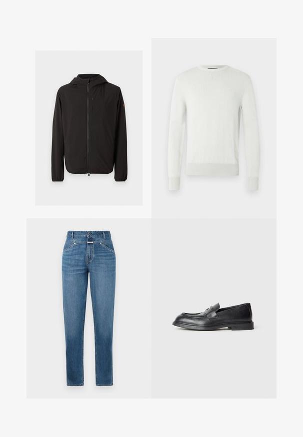 Veste noire légère à capuche avec fermeture éclair intégrale à l'avant, poche poitrine zippée, poignets élastiques et petit logo sur la manche gauche.; Pull gris clair à col ras du cou en matière tricotée douce. Présente des poignets et un ourlet côtelés, avec une texture subtile et un design minimaliste.; Jeans droits taille haute bleus avec poches avant, passants de ceinture, fermeture à bouton et détails de décoloration subtils.; Mocassins en cuir noir avec une finition texturée, dotés d'une bride décorative à l'avant et d'un bout arrondi. Semelle en caoutchouc pour plus de durabilité.