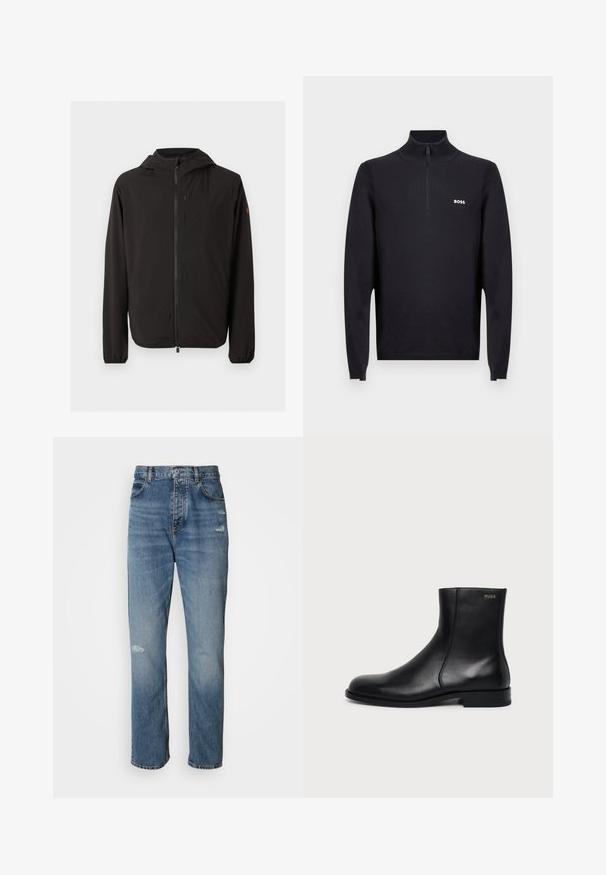 Veste noire légère à capuche avec fermeture éclair intégrale à l'avant, poche poitrine zippée, poignets élastiques et petit logo sur la manche gauche.; Pull noir à col zippé en tissu uni, avec col et poignets texturés. Logo « BOSS » visible sur le côté gauche de la poitrine.; Jean en denim bleu clair au design droit, avec une fermeture à bouton et zip, cinq poches et des détails usés près des genoux.; Bottine en cuir noir à talon bas, couture latérale et petit logo "HUGO" sur le revers supérieur sur un fond uni.