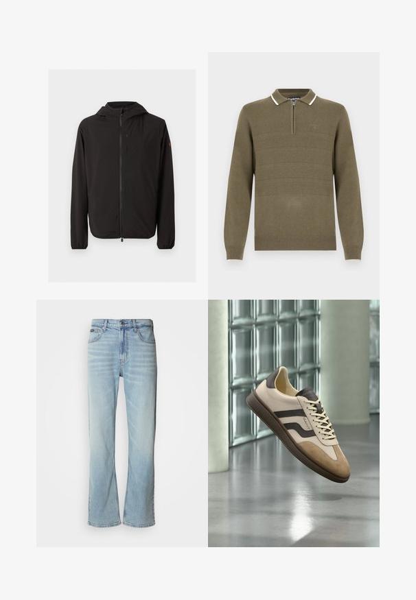 Veste noire légère à capuche avec fermeture éclair intégrale à l'avant, poche poitrine zippée, poignets élastiques et petit logo sur la manche gauche.; Pull en maille vert olive pour homme avec manches longues, fermeture éclair half-zip à l'avant, col bordé de blanc, et finitions côtelées aux poignets et à l'ourlet.; Jeans en denim bleu clair avec une coupe droite, dotés de cinq poches, d'une fermeture à bouton et d'une légère décoloration sur le tissu.; Baskets décontractées beige et marron avec bout en daim, bande latérale marquée et lacets, flottant à l'intérieur sur un sol en béton poli.