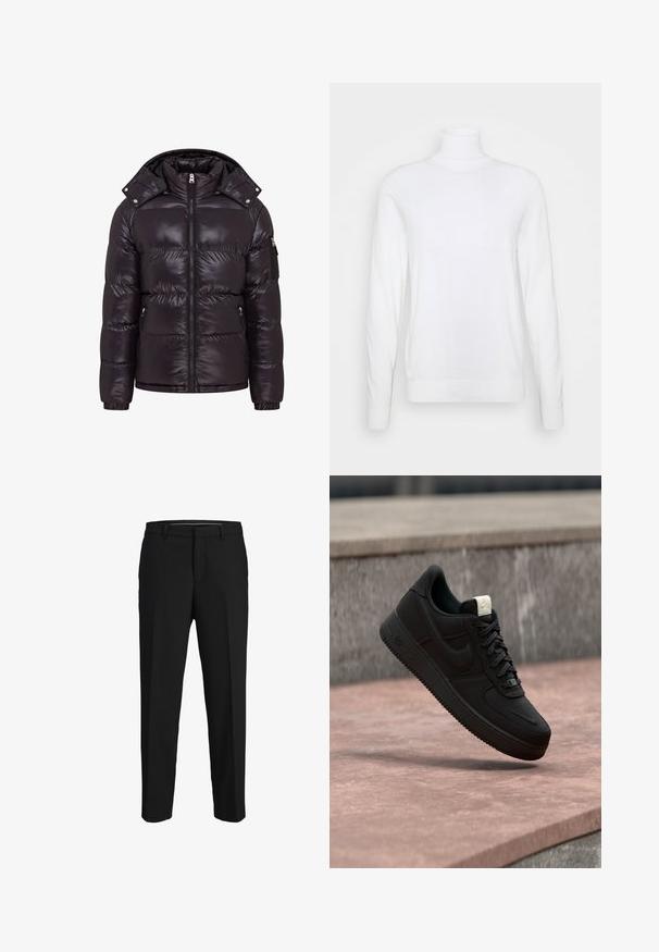 Zwarte pufferjack met een glanzende afwerking, ritssluiting aan de voorkant, hoge kraag en ritszakken aan de zijkanten. Heeft een afneembare capuchon en ribgebreide manchet.; Witte coltrui met lange mouwen, gemaakt van een zachte stof. Heeft een aansluitend ontwerp en geribde manchetten en zoom. Geen patronen of accenten.; Zwarte broeken van een gladde stof, met een rechte snit, riemlussen en een platte voorkant zonder zichtbare patronen of versieringen.; Zwarte Nike Air Force 1 sneaker die boven een roze betonnen richel zweeft met een grijze stenen achtergrond, met zij- en bovenzijde details.