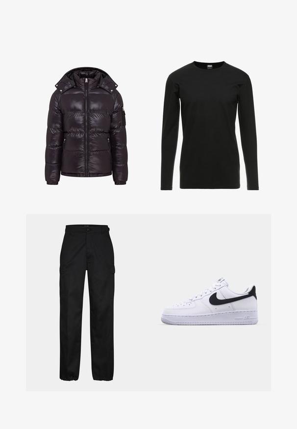 Doudoune noire avec une finition brillante, fermeture éclair à l'avant, col montant et poches latérales zippées. Dispose d'une capuche amovible et de poignets côtelés.; Urban Classics STRETCH TERRY - T-shirt à manches longues - black; Pantalons cargo noirs avec une coupe droite, dotés de poches latérales, d'une fermeture à bouton et de poignets élastiques aux chevilles. Fabriqués en tissu résistant.; Sneaker en cuir blanc avec un Swoosh noir texturé, des lacets plats et une semelle en caoutchouc avec un motif strié. "AIR" est embossé sur le talon.