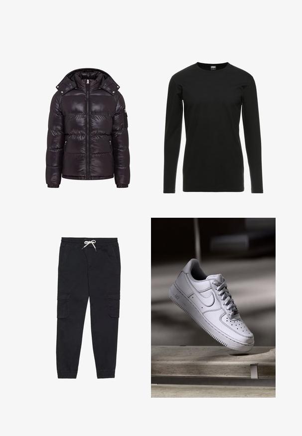 Chaqueta de plumas negra con un acabado brillante, cierre central con cremallera, cuello alto y bolsillos laterales con cremallera. Incluye una capucha desmontable y puños acanalados.; Urban Classics STRETCH TERRY - Camiseta de manga larga - black; Pantalones cargo negros de algodón, con una cinturilla elástica con cordón, bolsillos laterales y puños ajustados.; Zapatilla Nike Air Force 1 de cuero blanco que presenta una puntera perforada, cordones planos y una suela de goma texturizada con la marca "AIR" en el lateral.