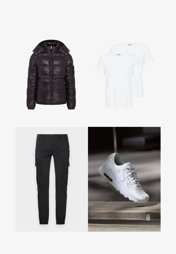 Doudoune noire avec une finition brillante, fermeture éclair à l'avant, col montant et poches latérales zippées. Dispose d'une capuche amovible et de poignets côtelés.; Deux t-shirts blancs unis à manches courtes et col rond qui se chevauchent sur un fond blanc.; Pantalon cargo noir à coupe slim avec poches avant, poches à rabat latérales, passants de ceinture, fermeture par boutons et poignets élastiqués aux chevilles.; Sneaker Nike Air Max 90 blanche avec une tige en mesh et cuir, une boîte à orteils perforée et une unité air visible au talon.