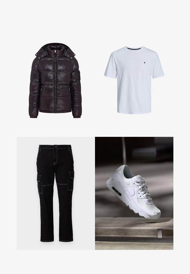 Doudoune noire avec une finition brillante, fermeture éclair à l'avant, col montant et poches latérales zippées. Dispose d'une capuche amovible et de poignets côtelés.; T-shirt en coton blanc à manches courtes, col rond et un petit logo noir accentué sur le côté gauche de la poitrine.; Pantalon cargo noir en denim, avec des coutures blanches, deux poches latérales et un design droit. Fermeture classique à bouton à la taille.; Sneaker Nike Air Max 90 blanche avec une tige en mesh et cuir, une boîte à orteils perforée et une unité air visible au talon.