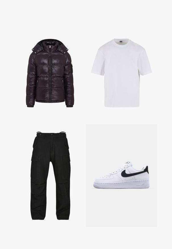 Doudoune noire avec une finition brillante, fermeture éclair à l'avant, col montant et poches latérales zippées. Dispose d'une capuche amovible et de poignets côtelés.; T-shirt blanc à manches courtes en coton. Il présente un col rond et une coupe décontractée. Texture lisse, design minimaliste, sans motifs ni accents.; Pantalons cargo noirs en tissu résistant. Comprend plusieurs poches, une coupe décontractée et une fermeture éclair avec bouton. Couture renforcée sur les coutures.; Sneaker en cuir blanc avec un Swoosh noir texturé, des lacets plats et une semelle en caoutchouc avec un motif strié. "AIR" est embossé sur le talon.