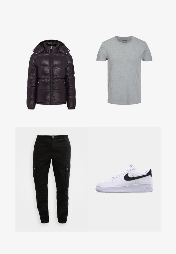 Doudoune noire avec une finition brillante, fermeture éclair à l'avant, col montant et poches latérales zippées. Dispose d'une capuche amovible et de poignets côtelés.; T-shirt gris à manches courtes en coton doux. Doté d'un col ras du cou classique et d'une coupe régulière. Design simple sans motifs ni accents.; Pantalons cargo noirs en tissu durable, dotés de poches latérales, d'une fermeture à bouton et d'un design ajusté. Texture lisse avec un détail minimal.; Sneaker en cuir blanc avec un Swoosh noir texturé, des lacets plats et une semelle en caoutchouc avec un motif strié. "AIR" est embossé sur le talon.