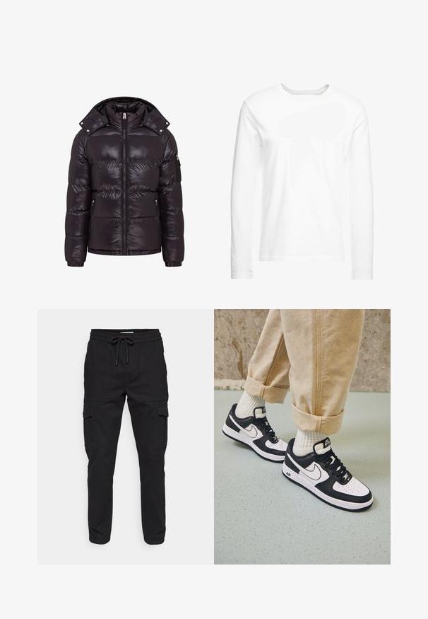Doudoune noire avec une finition brillante, fermeture éclair à l'avant, col montant et poches latérales zippées. Dispose d'une capuche amovible et de poignets côtelés.; T-shirt blanc à manches longues en coton doux. Encolure ronde avec des ourlets droits et sans motifs ni graphiques visibles.; Pantalons cargo noirs avec une taille élastique et cordon de serrage, poches latérales et une coupe fuselée. Fabriqués en tissu résistant.; Baskets Nike Air Force 1 en noir et blanc avec un dessus en cuir, orteil perforé et détail de semelle texturée, portées avec un pantalon beige retroussé et des chaussettes blanches.