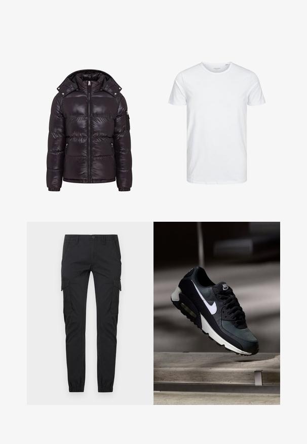 Chaqueta de plumas negra con un acabado brillante, cierre central con cremallera, cuello alto y bolsillos laterales con cremallera. Incluye una capucha desmontable y puños acanalados.; Camiseta de manga corta y cuello redondo en blanco sólido, fabricada en algodón suave, presenta un diseño simple sin patrones ni acentos visibles.; Pantalones cargo negros de corte slim con bolsillos frontales, bolsillos con solapa lateral, presillas para cinturón, cierre de botón y puños elásticos en los tobillos.; Zapatilla Nike Air Max negra y gris con el logo blanco, suspendida sobre una superficie de cemento contra un fondo oscuro y desenfocado.