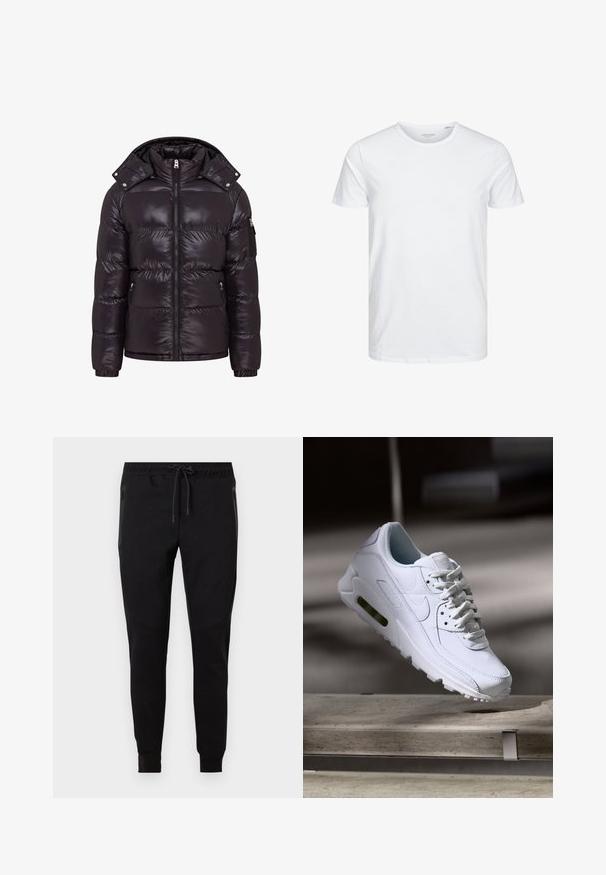 Doudoune noire avec une finition brillante, fermeture éclair à l'avant, col montant et poches latérales zippées. Dispose d'une capuche amovible et de poignets côtelés.; T-shirt à col rond à manches courtes de couleur blanche unie, fabriqué en coton doux, avec un design simple sans motifs ni accents visibles.; Pantalon de jogging noir fuselé avec taille élastique, cordon de serrage, poches latérales zippées et poignets côtelés aux chevilles.; Baskets blanches en cuir avec des surfaces texturées, un col rembourré et un amorti d'air visible dans la semelle. Elles possèdent des lacets et un design minimaliste.