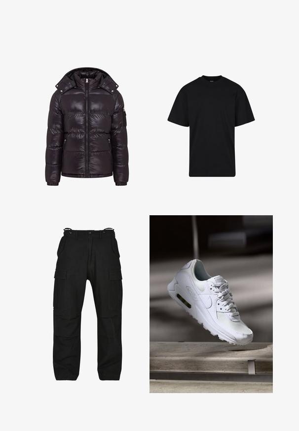 Doudoune noire avec une finition brillante, fermeture éclair à l'avant, col montant et poches latérales zippées. Dispose d'une capuche amovible et de poignets côtelés.; T-shirt noir à manches courtes avec col rond, coupe décontractée, design simple sans logos ni motifs visibles.; Pantalons cargo noirs en tissu résistant. Comprend plusieurs poches, une coupe décontractée et une fermeture éclair avec bouton. Couture renforcée sur les coutures.; Sneaker Nike Air Max 90 blanche avec une tige en mesh et cuir, une boîte à orteils perforée et une unité air visible au talon.