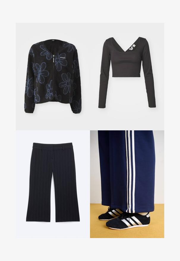 Mustmustriidiga must soe jope siniste lillede mustriga, lukuga ja kahe küljetaskuga. Omab pikki varrukasid ja ümardatud kaelust.; Mustmust mustriba pikka varrukaga crop top, sügava V-kaelusega ja keha lähedase disainiga. Sisekaeluses on sildid. Sile tekstuur.; Mustad laiade säärega püksid, millel on õhukesed vertikaalsed valged triibud ja vöörõngad, esitatud lamedalt ühevärvilisel taustal.; Tumesinised spordipüksid kolme valge vertikaalse triibuga ja mustad športlikud kingad hõbedaste triipudega ning tekstuuriga pinnaga. Kollane põrand.