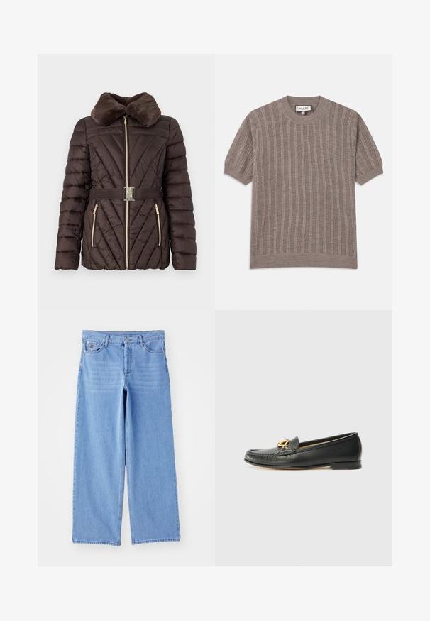 Veste en duvet marron avec un col en fausse fourrure, motif matelassé diagonal, zip doré et ceinture assortie avec une boucle en argent.; Pull à manches courtes marron à côtes avec un col rond. Fabriqué en tissu tricoté texturé, présentant des motifs de rayures verticales et des bords ajustés.; Jean large bleu clair en denim, avec un design classique à cinq poches et une fermeture à bouton. Texture lisse, ourlet effiloché.; Mocassins en cuir noir avec un bout cousu, un talon bas et un emblème doré décoratif à l'avant. Texture lisse, design classique.