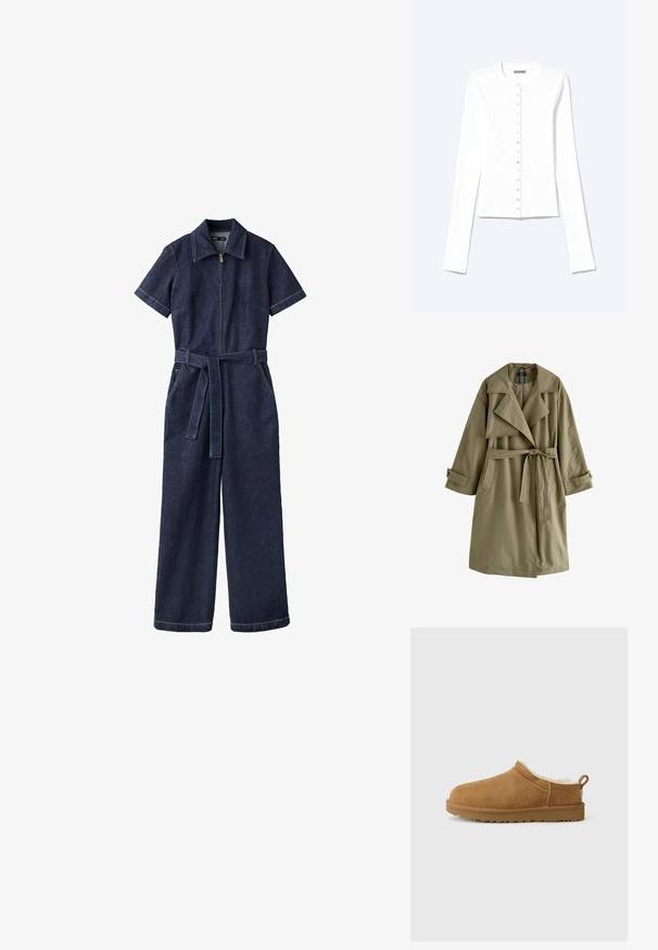 Manteau trench vert olive avec un design à double boutonnage, un large col, des manches longues, une ceinture à nouer à la taille et deux poches latérales.; Combinaison en denim bleu foncé avec manches courtes, fermeture éclair à l'avant, jambes larges, ceinture et col.; Cardigan blanc à manches longues, boutonné, avec un col rond et des boutons-pression métalliques sur le devant.; Chaussure mocassin en suède marron avec une douillette doublure en fourrure blanche, semelle plate en caoutchouc, bout arrondi et petite languette au talon.