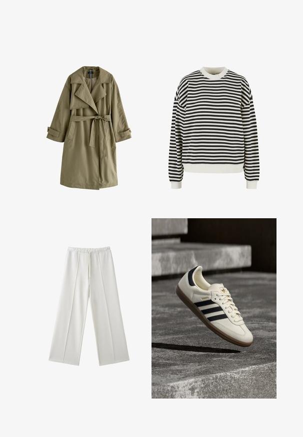 Manteau trench vert olive avec un design à double boutonnage, un large col, des manches longues, une ceinture à nouer à la taille et deux poches latérales.; Urban Classics STRIPED CREWNECK - Sweatshirt - black whitesand; Pantalon blanc à jambes larges avec taille élastique et cordon, avec des détails de couture sur le devant de chaque jambe.; Baskets blanches Adidas Samba avec des bandes noires et une semelle en gomme, flottant au-dessus de marches en béton gris texturé.