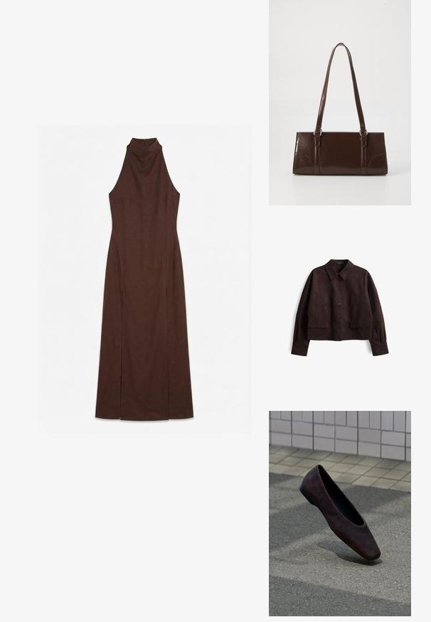 Bruine suède cropped jack met een knoopsluiting aan de voorkant, een opstaand kraag, lange mouwen en grote opgestikte zakken aan de voorkant. Zachte textuur en minimalistisch ontwerp.; Mouwloze donkerbruine maxijurk met hoge hals en aansluitende taille, met zijsplits van knie tot zoom.; Enkele donkerbruine platte schoen die boven een textuurrijke grond zweeft, met een betegelde muur op de achtergrond.; Bruine lakleren handtas met een rechthoekige vorm, twee lange handvatten en subtiele gebogen accenten aan de voorkant.
