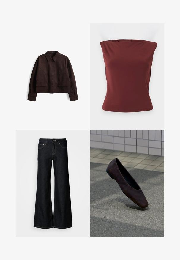 Bruine suède cropped jack met een knoopsluiting aan de voorkant, een opstaand kraag, lange mouwen en grote opgestikte zakken aan de voorkant. Zachte textuur en minimalistisch ontwerp.; Mouwloze, bandloze aansluitende top in effen donkerrode stof met een rechte halslijn en een gladde textuur.; Donkere denim jeans met wijde pijpen, een hoge taille, een ontwerp met vijf zakken en contrasterende gele stiksels langs de naden.; Enkele donkerbruine platte schoen die boven een textuurrijke grond zweeft, met een betegelde muur op de achtergrond.