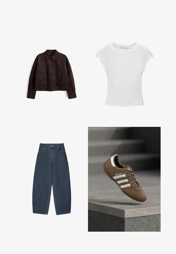 Bruine suède cropped jack met een knoopsluiting aan de voorkant, een opstaand kraag, lange mouwen en grote opgestikte zakken aan de voorkant. Zachte textuur en minimalistisch ontwerp.; Witte katoenen T-shirt met korte, opgerolde mouwen, een ronde halslijn en een rechte zoom. Gladde textuur zonder zichtbare patronen of accenten.; Donkerblauwe denim wijde broek met hoge taille, voorzien van vijf zakken en zichtbare stikseldetails. Schoon, minimaal ontwerp.; Bruine suède Adidas Spezial sneaker met witte strepen en veters, zwevend boven een grijze betonnen richel tegen een vervaagde trap op de achtergrond.