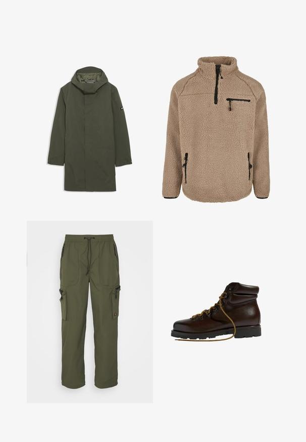 Imperméable vert olive avec un col haut et une capuche ajustable. Doté de manches longues, d'une fermeture éclair invisible sur le devant et de poches latérales. Tissu lisse et léger.; Pullover en polaire beige avec un col haut, une poche poitrine zippée et des poches latérales zippées. Tissu texturé avec une finition douce et chaude.; Pantalons cargo vert olive en tissu léger, avec une taille élastique, un système de fermeture à cordon, et plusieurs poches zippées.; Bottine de randonnée en cuir marron avec un bout arrondi, surface texturée, lacets jaunes et œillets en métal. Dotée d'une semelle en caoutchouc noir robuste.