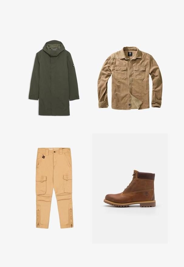 Imperméable vert olive avec un col haut et une capuche ajustable. Doté de manches longues, d'une fermeture éclair invisible sur le devant et de poches latérales. Tissu lisse et léger.; Chemise en velours côtelé beige à manches longues, fermeture à boutons, deux poches sur la poitrine et texture côtelée subtile. Présente une étiquette de marque en bas.; Pantalon cargo beige avec bouton à l’avant, passants de ceinture, deux poches latérales, deux poches cargo à rabat et zips en bas des jambes.; Botte de randonnée en cuir marron avec une finition lisse, cheville rembourrée, œillets en métal et semelle en caoutchouc dotée d'un motif de crampons robuste.
