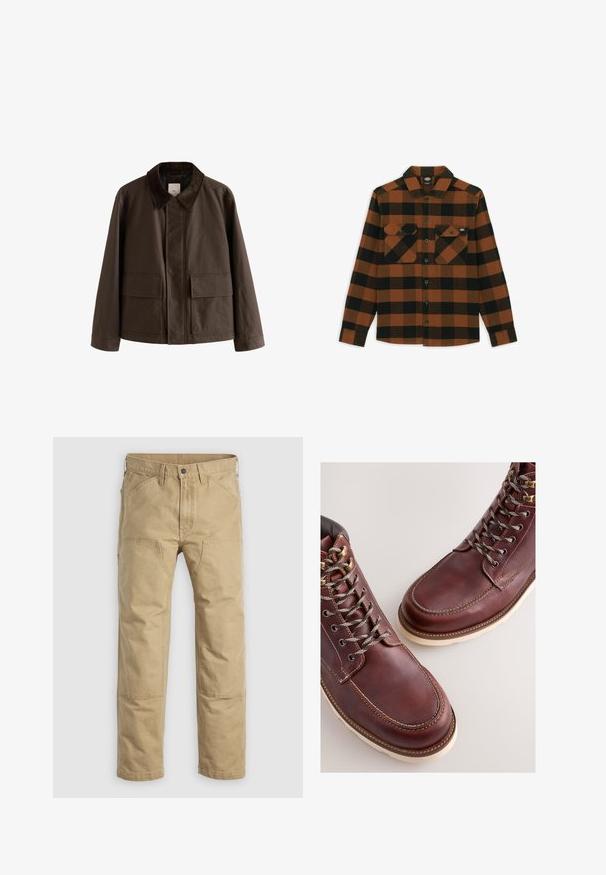 Veste en toile marron avec un col en velours côtelé, comportant deux poches à l'avant et une coupe droite. Design uni, détails de couture minimalistes.; Chemise à manches longues en motif écossais orange et noir, fabriquée dans un tissu texturé. Comprend deux poches poitrine et une fermeture à boutons.; Pantalon de travail kaki en coton robuste, doté d'une coupe droite, de renforts aux genoux et de multiples poches avant.; Bottes en cuir marron à finition lisse, dotées d'œillets métalliques, de lacets gris et d'une semelle en caoutchouc de couleur crème. Détails de coutures le long des bords.