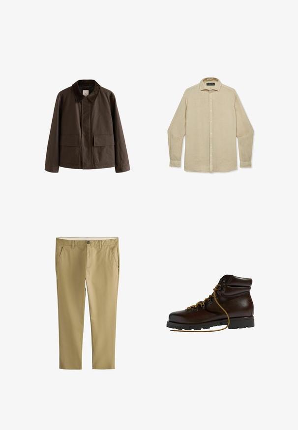 Veste en toile marron avec un col en velours côtelé, comportant deux poches à l'avant et une coupe droite. Design uni, détails de couture minimalistes.; Chemise beige à manches longues avec col et poignets, en tissu léger, étalée à plat sur un fond blanc.; Pantalon beige à jambes droites avec passants pour ceinture, fermeture à bouton et zip sur le devant, et poches latérales sur fond blanc.; Bottine de randonnée en cuir marron avec un bout arrondi, surface texturée, lacets jaunes et œillets en métal. Dotée d'une semelle en caoutchouc noir robuste.