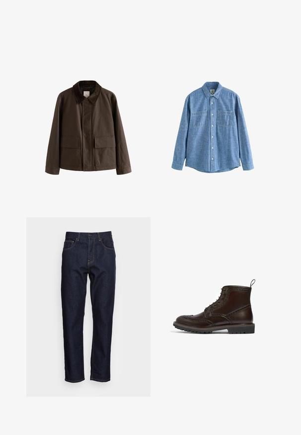 Veste en toile marron avec un col en velours côtelé, comportant deux poches à l'avant et une coupe droite. Design uni, détails de couture minimalistes.; Chemise chambray bleue à manches longues avec boutons sur le devant et deux poches poitrine, étalée à plat sur fond blanc.; Jeans en denim bleu foncé avec une coupe droite, cinq poches et des coutures jaunes contrastées. Conçus avec une fermeture classique à bouton et à glissière.; Botte en cuir marron à lacets présentant un design brogue, une tige texturée, une semelle en caoutchouc et une languette d'enfilage. Construction robuste avec des détails complexes.