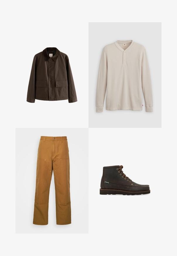 Veste en toile marron avec un col en velours côtelé, comportant deux poches à l'avant et une coupe droite. Design uni, détails de couture minimalistes.; T-shirt henley à manches longues en tissu côtelé beige clair, avec un col en V, une patte de boutonnage à trois boutons et des manches à poignets. Étiquette logo rouge à l'ourlet.; Pantalons utilitaires en coton marron avec une coupe droite, dotés de poches avant et d'accents en métal pour une durabilité accrue.; Sebago Bottines à lacets - marrone