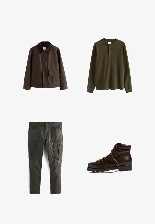 Veste en toile marron avec un col en velours côtelé, comportant deux poches à l'avant et une coupe droite. Design uni, détails de couture minimalistes.; Chemise henley à manches longues en maille gaufrée olive avec des poignets côtelés et trois boutons au col.; Pantalons cargo vert olive en tissu durable, dotés de plusieurs poches latérales, d'une poche zippée et d'une coupe droite.; Bottine de randonnée en cuir marron avec un bout arrondi, surface texturée, lacets jaunes et œillets en métal. Dotée d'une semelle en caoutchouc noir robuste.