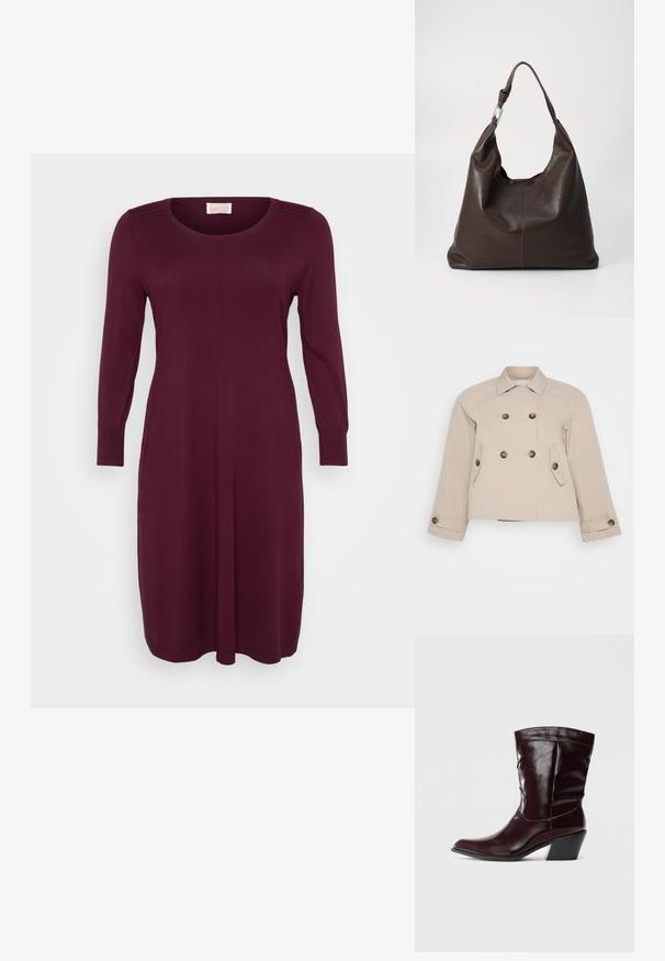 Beige dubbelzijdig jasje met een kraag, twee voorzakken en messing knopen. Kenmerkt zich door een cropped lengte en een textuurstof.; Langsleeve, knielange bordeaux gebreide jurk met ronde halslijn en subtiele naad in het midden vooraan.; Bordeaux leren enkellaarsjes met een spitse neus, textuur op het oppervlak en een taps toelopende lage hak. Heeft subtiele stiksels en een strakke pasvorm.; Zign LEATHER - Shopper - chocolate brown