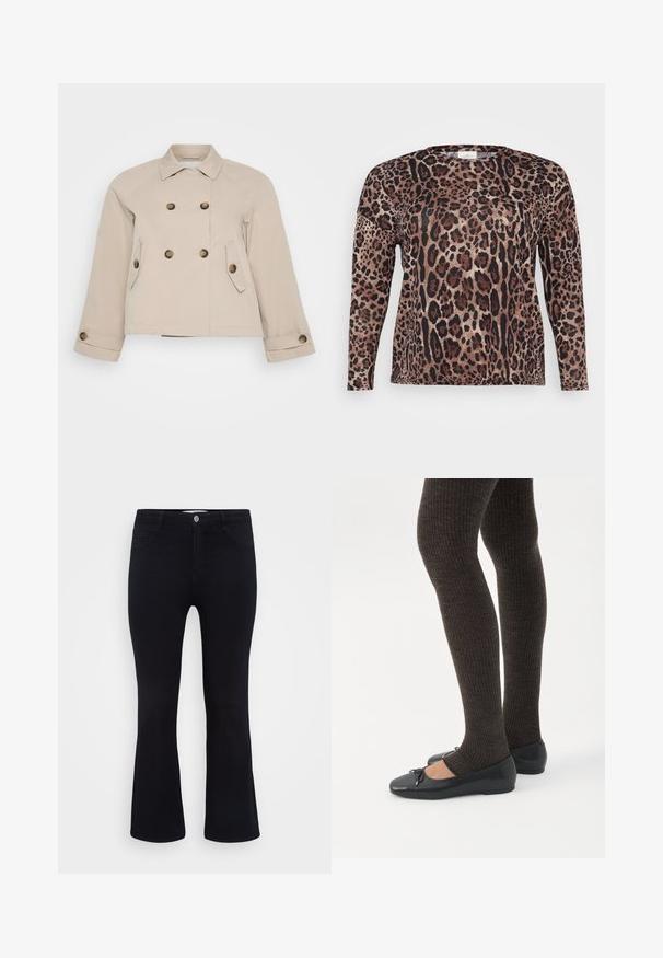 Beige dobbeltknappetjakke med krave, to forlommer og messingknapper. Har en cropped længde og tekstureret stof.; Langærmet skjorte med leopardprint i nuancer af brun, sort og beige. Blød tekstur med en afslappet pasform.; ONLY Carmakoma Flared fit CARTHUNDER Mid waist - Flared jeans - black denim; Ben iført mørke ribbede leggings kombineret med sorte balletsko med små sløjfedetaljer på hvid baggrund.