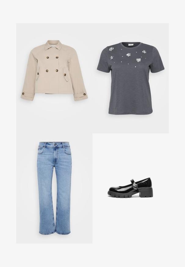 Chaqueta beige de corte cruzado con cuello, dos bolsillos frontales y botones de latón. Presenta un largo corto y una tela texturizada.; Camiseta de algodón gris con mangas cortas, con aplicaciones metálicas de flores y lentejuelas dispuestas en el frente. Textura suave, corte holgado.; Vaqueros de mezclilla de pierna ancha en azul claro, con cinco bolsillos, cremallera frontal y cierre de botón. Detalles de costura sutil a lo largo de las costuras.; Zapato Mary Jane de charol negro con tacón grueso, puntera redondeada y una correa que presenta un detalle de hebilla en forma de corazón.