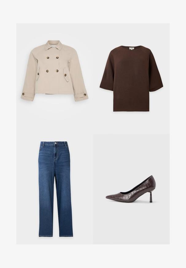 Chaqueta beige de corte cruzado con cuello, dos bolsillos frontales y botones de latón. Presenta un largo corto y una tela texturizada.; Jersey marrón de manga corta de punto con escote redondo, mostrado plano sobre un fondo gris claro.; Vaqueros de mezclilla azul con corte recto, cintura alta, botón delantero, cierre de cremallera y bolsillos delanteros y traseros.; Tacones puntiagudos de cuero sintético marrón con textura de cocodrilo, con un tacón delgado y angular y un forro interior suave.