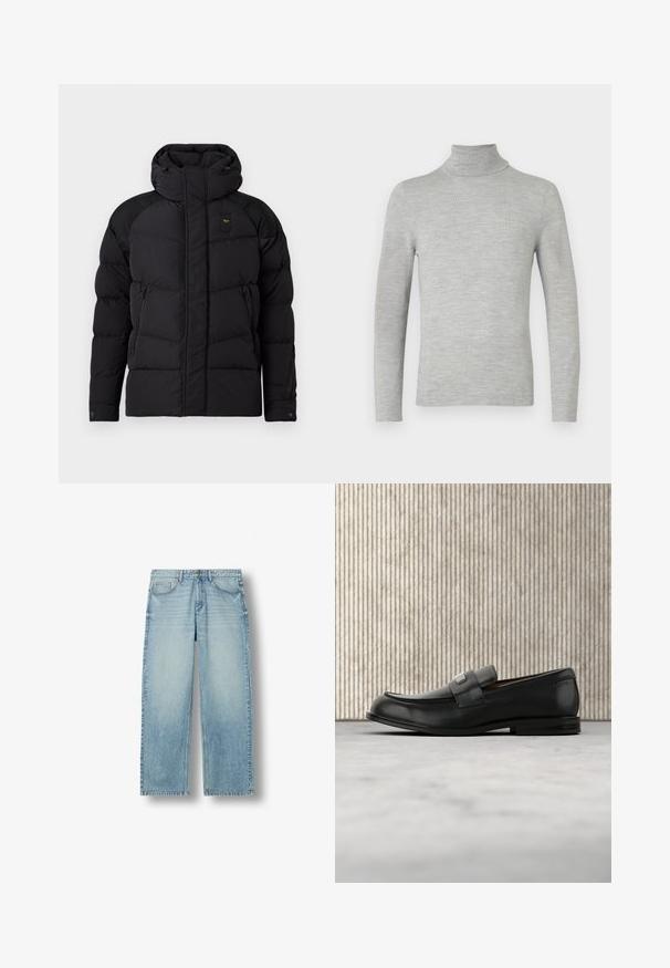 Zwarte puffjack met een hoge kraag en capuchon. Beschikt over een doorgestikt ontwerp, twee zijzakken met rits en contrasterende schouderaccenten.; Lichtgrijze lange mouwen turtleneck trui met fijne breistekstuur, weergegeven op een effen witte achtergrond.; Lichtblauwe straight-leg spijkerbroek met vijf zakken en knoopsluiting, weergegeven tegen een witte achtergrond.; Zwarte leren loafer met een metalen merktekenplaatje, rustend bij een bruine ronde tafel op een beige tapijtvloer.