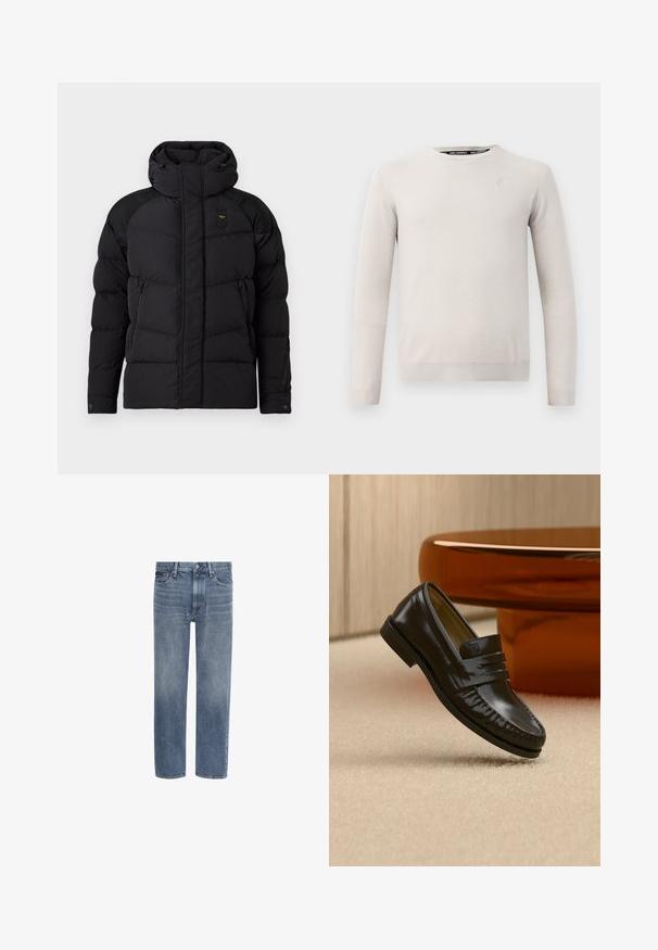 Chaqueta acolchada negra con un alto cuello y capucha. Presenta un diseño acolchado, dos bolsillos laterales con cierre y acentos en los hombros en contraste.; Suéter de un beige claro hecho de una tela suave, con cuello redondo, mangas largas y puños y dobladillo acanalados. Detalle del logotipo sutil en el pecho.; Vaqueros de denim azul con pierna recta, bolsillos delanteros, trabillas para cinturón y cierre de botón.; Mocasín de cuero negro brillante con detalle de correa, colocado sobre una alfombra beige cerca de una mesa de café redonda marrón en una habitación con iluminación suave.