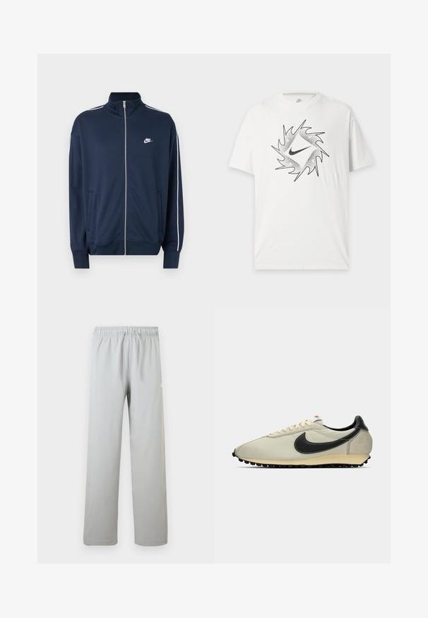 Μπλε σκούρα ζακέτα Nike με φερμουάρ και ψηλό γιακά, λευκή επένδυση στα μανίκια, δύο εμπρόσθιες τσέπες και λευκό λογότυπο Nike στο αριστερό στήθος.; Λευκό κοντομάνικο T-shirt Nike με μαύρο αφηρημένο κυκλικό σχέδιο και κεντρικό λογότυπο Nike swoosh στο εμπρόσθιο μέρος.; Ανοιχτό γκρι παντελόνια casual με ελαστική μέση και κορδόνι, ίσια ποδιά, κατάλληλα για καθημερινή χρήση.; Μπεζ καμβαδίνη αθλητικά με μαύρες δερμάτινες λεπτομέρειες, στρογγυλή μύτη, επίπεδη μαύρη σόλα και λευκές κορδόνες. Διαθέτει έντονο μαύρο λογότυπο.