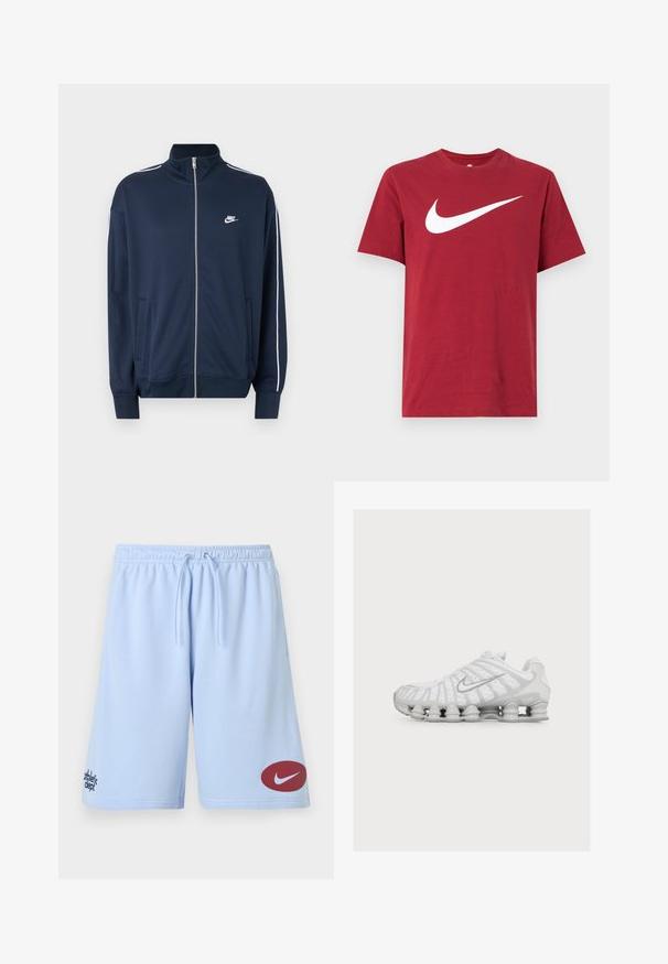 Μπλε σκούρα ζακέτα Nike με φερμουάρ και ψηλό γιακά, λευκή επένδυση στα μανίκια, δύο εμπρόσθιες τσέπες και λευκό λογότυπο Nike στο αριστερό στήθος.; Κόκκινο βαμβακερό μπλουζάκι με κοντά μανίκια και στρογγυλή λαιμόκοψη. Διαθέτει μεγάλο λευκό λογότυπο Nike swoosh μπροστά. Ομαλή υφή, casual σχεδιασμός.; Αθλητικό σορτς ανοιχτό μπλε με ελαστική μέση και κορδόνι, με κόκκινο λογότυπο Nike στο δεξί πόδι και το κείμενο "athletic dept." στο αριστερό.; Λευκό αθλητικό παπούτσι με μοναδική σόλα που μοιάζει με ελατήριο και ασημένιο λογότυπο Nike swoosh στο πλάι, εμφανιζόμενο από την εξωτερική πλευρά.