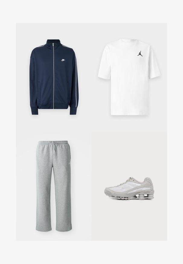 Μπλε σκούρα ζακέτα Nike με φερμουάρ και ψηλό γιακά, λευκή επένδυση στα μανίκια, δύο εμπρόσθιες τσέπες και λευκό λογότυπο Nike στο αριστερό στήθος.; Λευκό βαμβακερό T-shirt με στρογγυλή λαιμόκοψη και κοντά μανίκια. Φέρει ένα μικρό μαύρο λογότυπο Jordan στην αριστερή πλευρά του στήθους.; Γκρι βαμβακερές φόρμες με ελαστική μέση, κλείσιμο με κορδόνι και ίσια παντελόνια. Διαθέτουν μικρό λογότυπο στη πάνω αριστερή πλευρά.; Γκρι και άσπρο αθλητικό παπούτσι με ορατό αεριζόμενο πέλμα και πλέγμα, εμφανίζεται σε προφίλ σε απλό ανοιχτό φόντο.