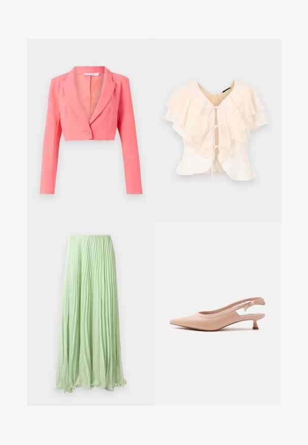 Afklippet blazer i skarp koralrød, lavet af glat stof, har en notched revers, enkelt knaplukning og lange ærmer med frontstænger.; Lys pink skjorte med lagdelte flæser, V-udskæring og tre sløjfer foran. Blødt stof og flydende design.; Lys grøn plisseret lang skirt lavet af let stof med elastisk talje, præsenteret mod en hvid baggrund.; Beige laklæderspids slingback-sko med lav kittenhæl og elastisk rem med subtil branding.