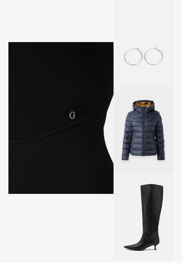 Chaqueta acolchada marina con capucha, con cierre de cremallera en el frente, bolsillos laterales y diseño acolchado. Interior forrado en dorado con detalle de logotipo en el pecho.; Top atlético negro con textura acanalada, que presenta un sutil logo plateado en el lateral y un diseño ajustado y elegante.; Botas de cuero negras hasta la rodilla con punta afilada y tacón tipo kitten. Textura suave y diseño minimalista sin herrajes ni acentos visibles.; sweet deluxe EARRING - Pendientes - silver-coloured