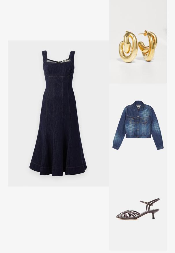 Denimjakke med en cropped design, klassisk krave og to brystlommer. Lyse og mørke blå diamantmønster accenter.; Mørkeblå denimkjole med firkantet udskæring, brede stropper, flared knælængde nederdel og kontrasterende syning. Lynlåslukning bagpå.; Mørkebrun læder sandal med smalle remme, kitten heel og justerbar ankelrem med spænde på hvid baggrund.; Charlotte Chesnais BO INITIAL BLOW - Øreringe - gold-coloured