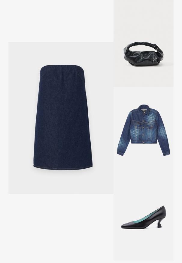 Denimjack met een cropped ontwerp, klassieke kraag en twee borstzakken. Accenten in een licht en donkerblauw ruitpatroon.; Donkerdenim strapless rok met een rechte silhouet, voorzien van lichte stiksels langs de zoom en de zijnaad voor extra detail.; Zwart leren pumps met een spitse neus, een lage, uniek gevormde blokhak en een lichtblauwe binnenvoering, afgebeeld tegen een effen witte achtergrond.; Zwarte tas van glanzend, textuur materiaal met een ronde, gedraaide handgreep en een ritsluiting. Heeft een zacht, gekreukt ontwerp.
