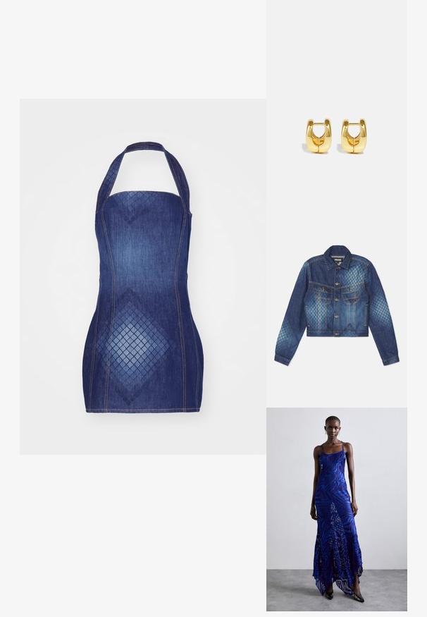 Denimjakke med en cropped design, klassisk krave og to brystlommer. Lyse og mørke blå diamantmønster accenter.; Mørkeblå denim halterneck kjole med en tætsiddende design og diamantmønster på fronten. Fremhævet med kontrasterende syninger.; Blå og lilla dyreprint maxi kjole med tynde stropper, en tætsiddende bodice, flagrende kant og gennemsigtig overlay-detaljering.; Guld hoops øreringe med et slankt, afrundet design. Har en hul midte og en blank overflade, der komplementerer moderne stilarter.