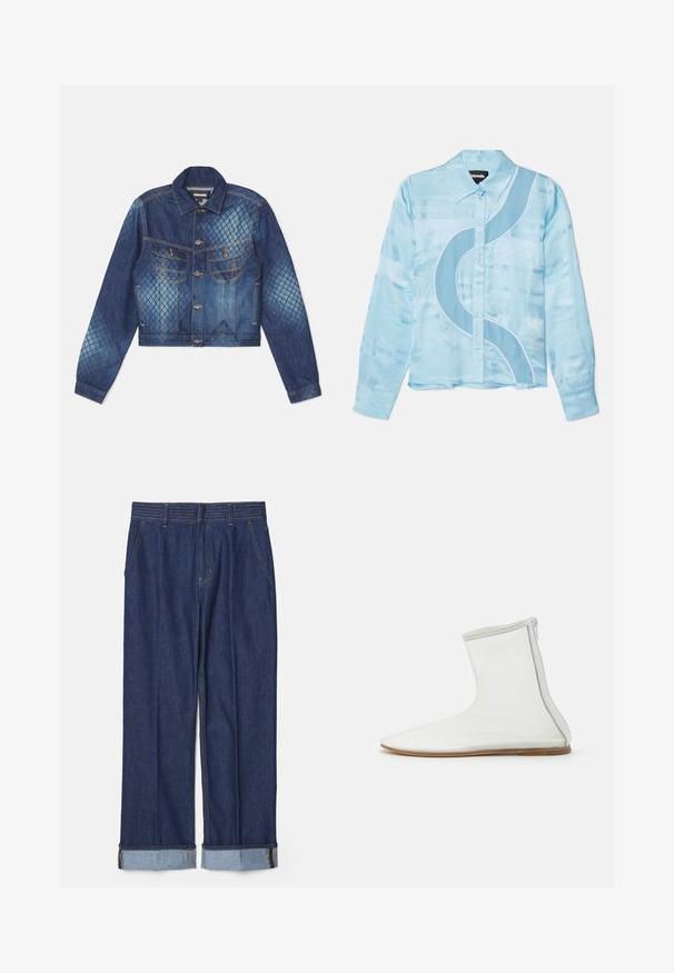 Denimjakke med en cropped design, klassisk krave og to brystlommer. Lyse og mørke blå diamantmønster accenter.; Lyseblå langærmet skjorte med satinfinish, der har et buet design i en mørkere blå farve med hvid piping langs sømmen og knapper.; Mørkeblå denimbukser med lige ben, der har fem lommer og opkrøllede ærmer med lyseblå kontrastsyning.; DEAR FRANCES BALLA BOOTIE - Støvletter - white