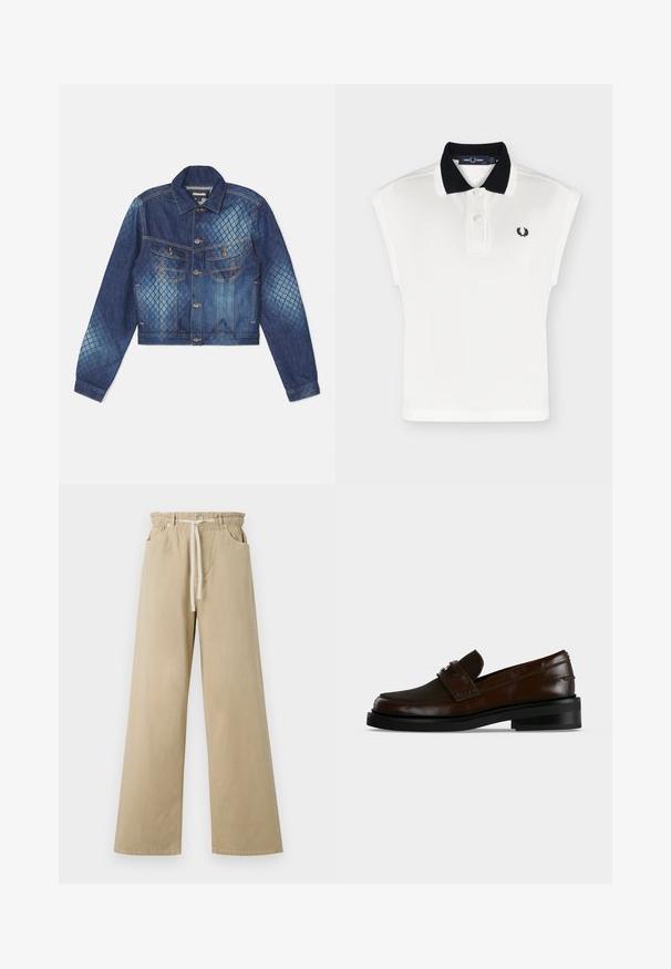 Denimjack met een cropped ontwerp, klassieke kraag en twee borstzakken. Accenten in een licht en donkerblauw ruitpatroon.; Witte mouwloze polo met zwarte gebreide kraag, twee witte knopen en klein zwart lauwerkranslogo op de borst.; Beige wijde broek van katoen met een elastische tailleband en trekkoord. Voorzien van twee zijzakken en een soepele textuur.; Donkerbruine leren loafer met een zwarte zool en lage hak, met een gestikte band met een metalen detail bovenop.